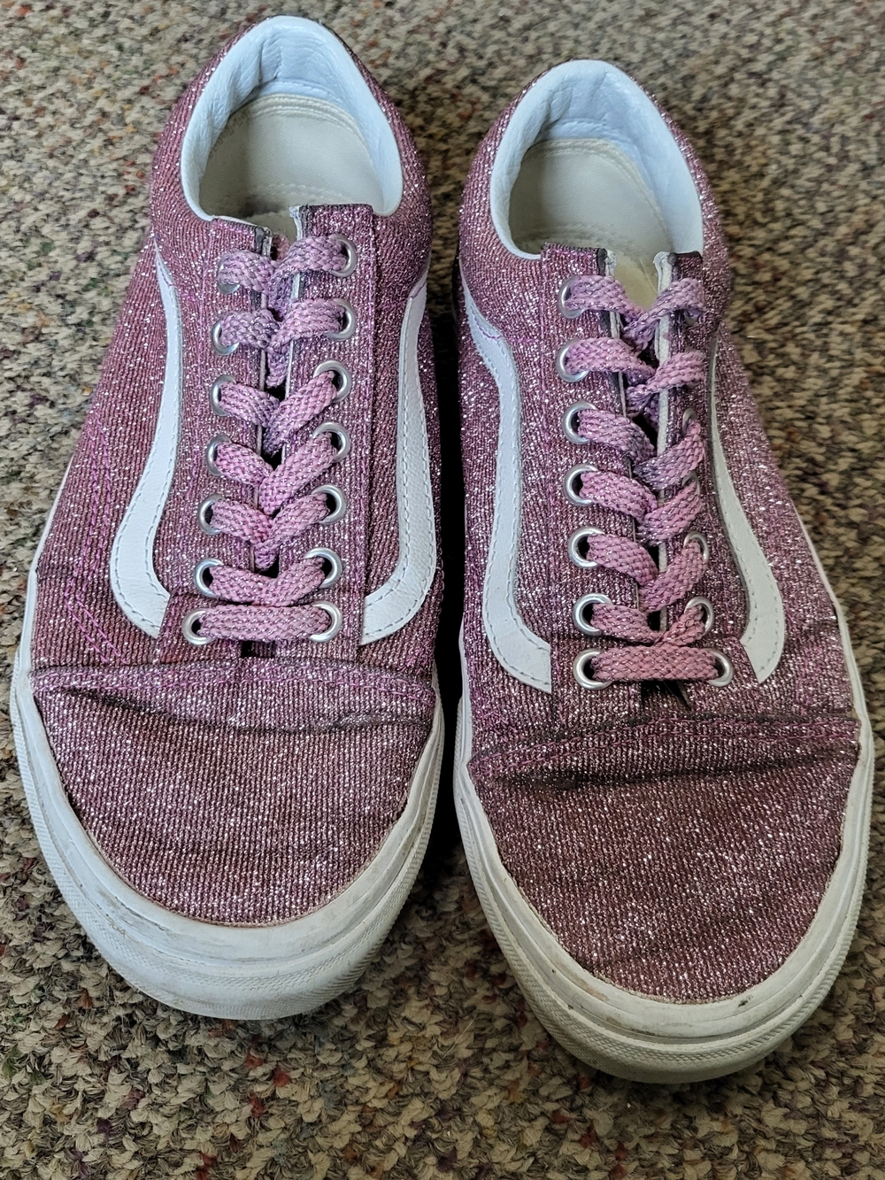Vans Women’s Pink Glitter Old Skool Sneakers with White Stripe